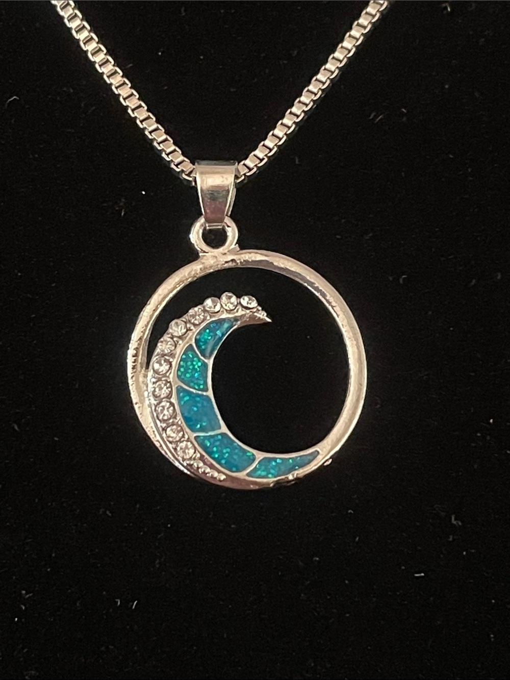 Silver Moon Crescent Pendant Necklace with Blue Opal and Crystals